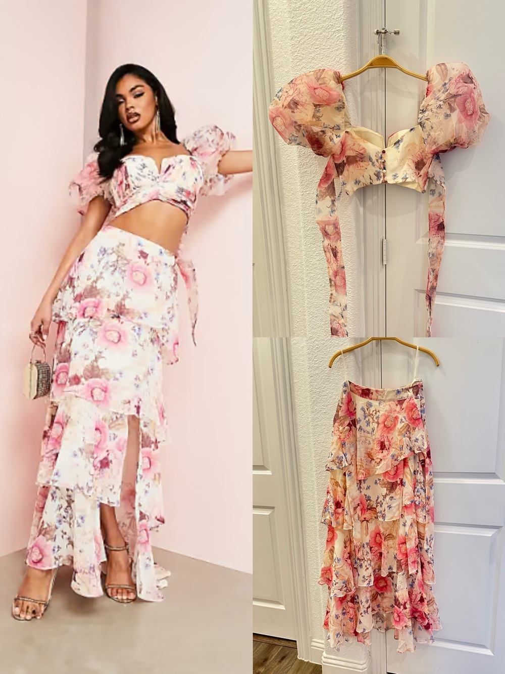 NEW!!! ASOS Pink Floral Puff Sleeve Top + Maxi skirt set